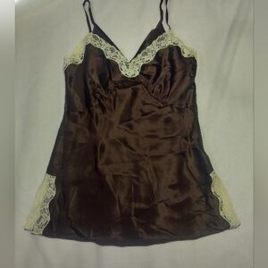 Vintage Y2K 100%silkThe Limited Chocolate Satin Chemise with Ivory Lace